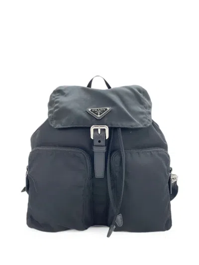 Pre-owned Prada 2010s Buckled Drawstring Backpack In Black