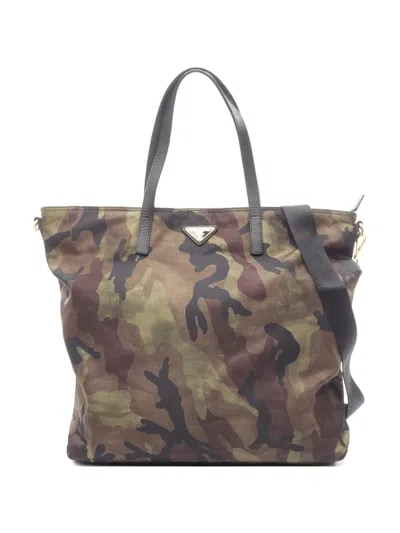 Pre-owned Prada 2010s Camouflage Saffiano Leather Tote Bag In Green