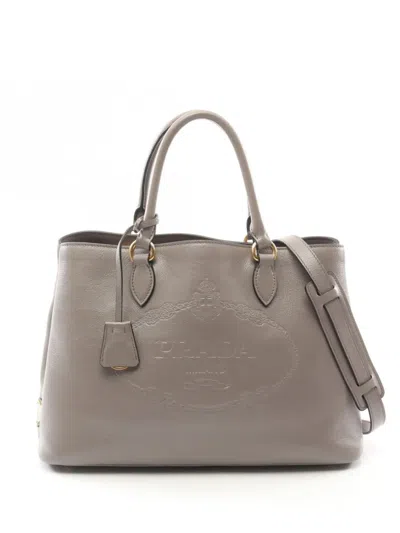 Pre-owned Prada 2010s Debossed Leather Two-way Bag In Grey
