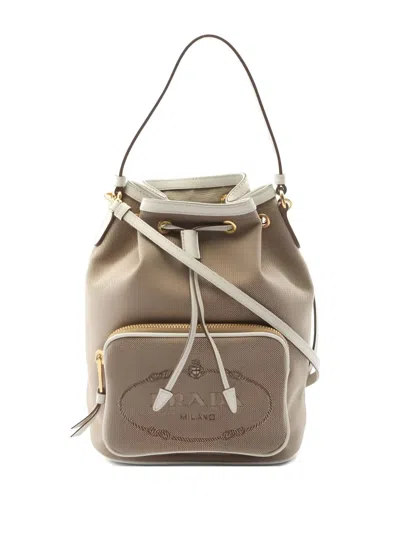 Pre-owned Prada 2010s Drawstring Leather Bucket Bag In Neutral