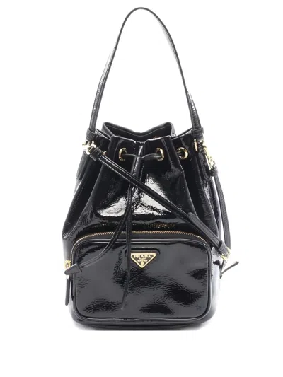 Pre-owned Prada 2010s Duet Naplak Patent Leather Bucket Bag In Black
