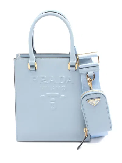 Pre-owned Prada 2010s Embossed-logo Leather Tote Bag In Blue