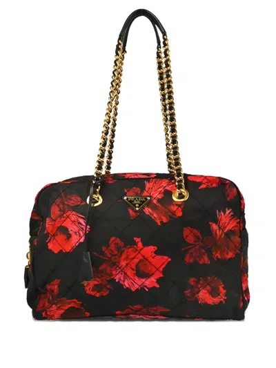 Pre-owned Prada 2010s Floral-print Quilted Shoulder Bag In Black