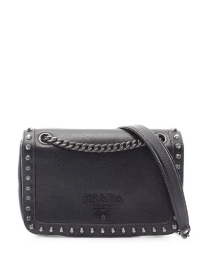 Pre-owned Prada 2010s Glace' Calf Studded Shoulder Bag In Black