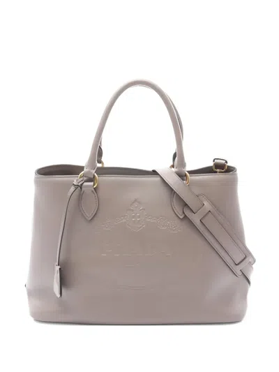 Pre-owned Prada 2010s Glace´calf Embossed-logo Tote Bag In Neutral