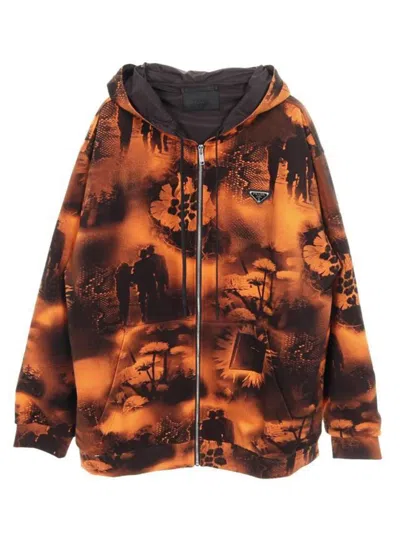 Pre-owned Prada 2010s Graphic-print Zip-up Hoodie In Orange