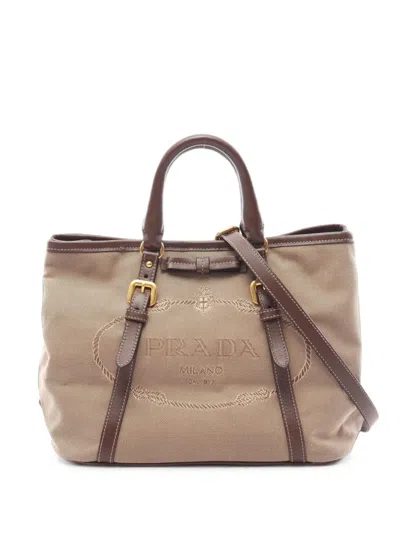 Pre-owned Prada 2010s Logo Jacquard Tote Bag In ニュートラル