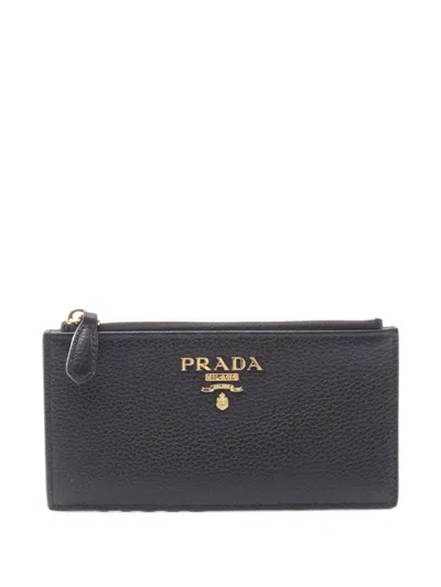 Pre-owned Prada 2010s Logo Plaque Grained Leather Card Case In Black