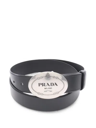 Pre-owned Prada 2010s Logo Plaque Leather Belt In Black