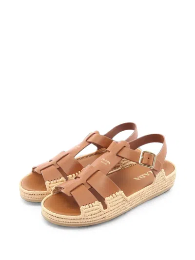 Pre-owned Prada 2010s Logo-detail Raffia Sandals In Brown