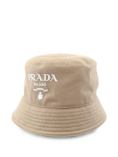 Pre-owned Prada 2010s Logo-embroidered Bucket Hat In Neutrals