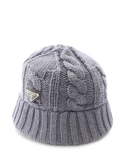 Pre-owned Prada 2010s Logo-plaque Cable-knit Bucket Hat In Grey