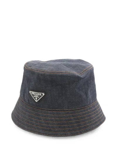 Pre-owned Prada 2010s Logo-plaque Denim Bucket Hat In Blue