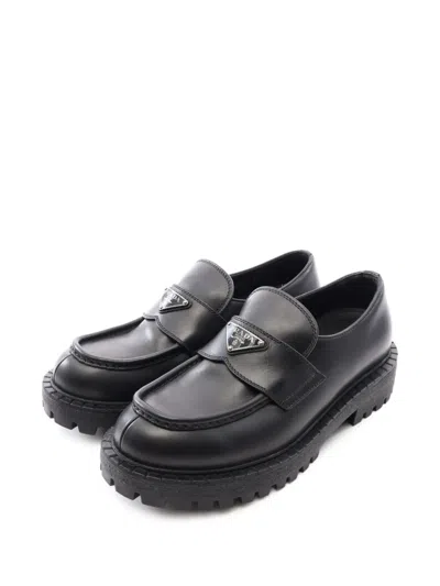 Pre-owned Prada 2010s Logo-plate Leather Loafers In Black