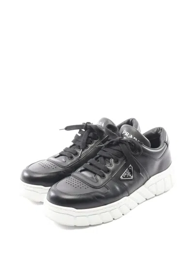 Pre-owned Prada 2010s Logo-plate Leather Sneakers In Black