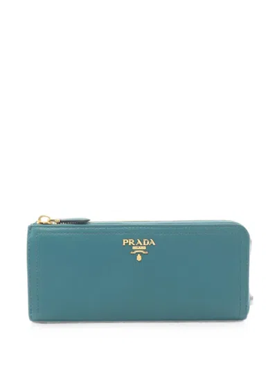 Pre-owned Prada 2010s Metal Logo L-shaped Wallet In Blue