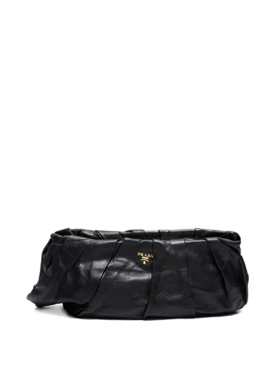 Pre-owned Prada 2010s Pleated Leather Clutch Bag In Black