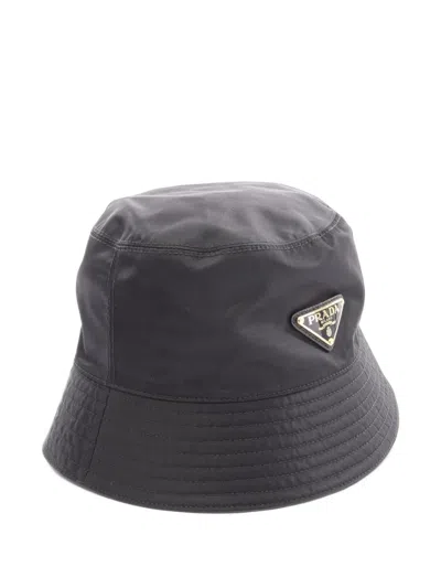 Pre-owned Prada 2010s Re-nylon Logo Plate Bucket Hat In Black