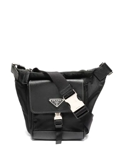 Pre-owned Prada 2010s Re-nylon Saffiano Leather Trim Cross Body Bag In Black