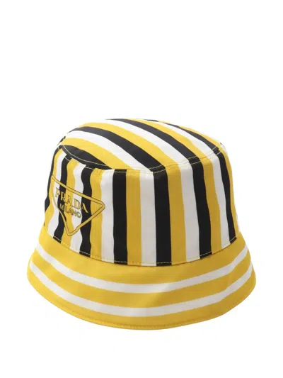 Pre-owned Prada 2010s Re-nylon Striped Bucket Hat In Yellow