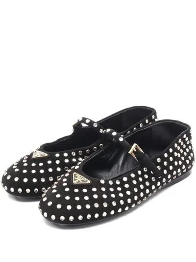 Pre-owned Prada 2010s Rhinestone Suede Ballet Shoes In Black