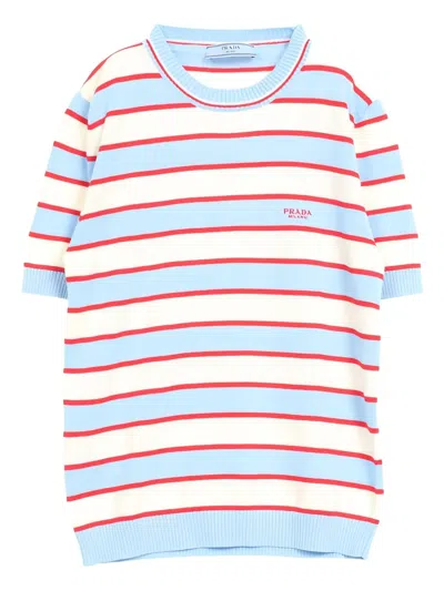 Pre-owned Prada 2010s Striped Logo-embroidered Knitted T-shirt In Blue