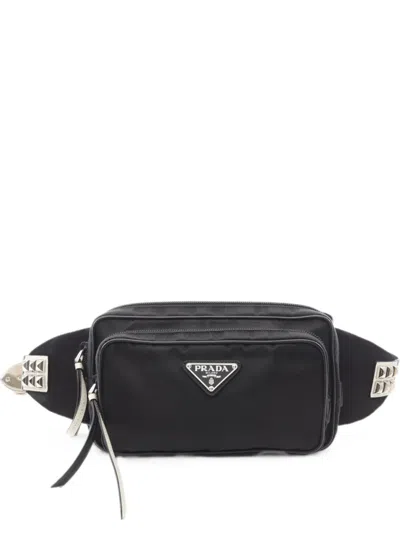 Pre-owned Prada 2010s Studded Triangle Logo Belt Bag In Black