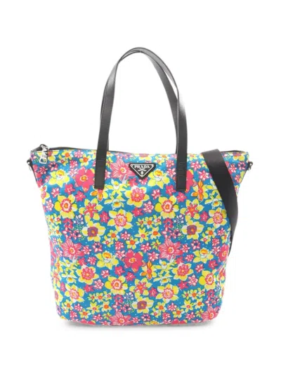Pre-owned Prada 2010s Tessuto Stampat Floral Tote Bag In Blue