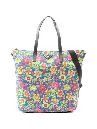 Pre-owned Prada 2010s Tessuto Stampat Floral-print Tote Bag In Blue
