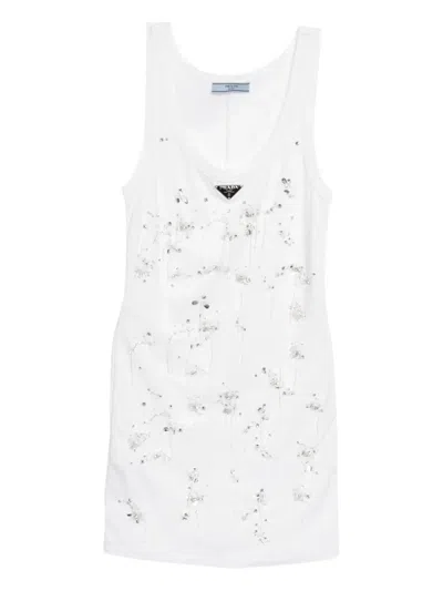 Pre-owned Prada 2010s Triangle-logo Beaded Dress In White