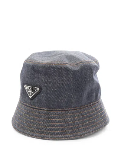 Pre-owned Prada 2010s Triangle-logo Denim Bucket Hat In Blue