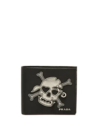 Pre-owned Prada 2012-2026 Tessuto Patchwork Skull Pierced Bifold Wallet Small Wallets In Black