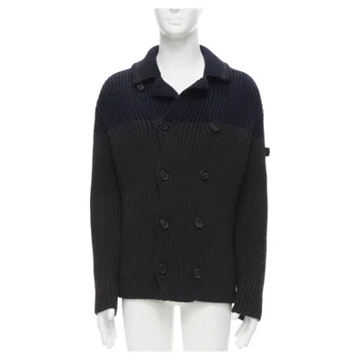 Pre-owned Prada 2013 100% Wool Grey Navy Sailor Collar Ribbed Knit Cardigani Coat It50 L In Gray