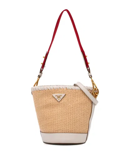 Pre-owned Prada 2013-2024 City Calf Trimmed Paglia Bucket Bag In Brown