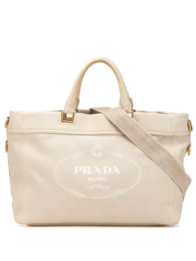 Pre-owned Prada 2013-2024 Denim Canapa Logo Satchel In 褐色