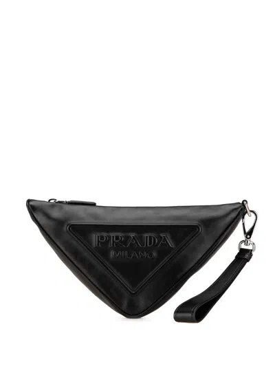 Pre-owned Prada 2013-2024 Grace Lux Triangle Logo Embossed Triangle Wristlet Pouch In Black