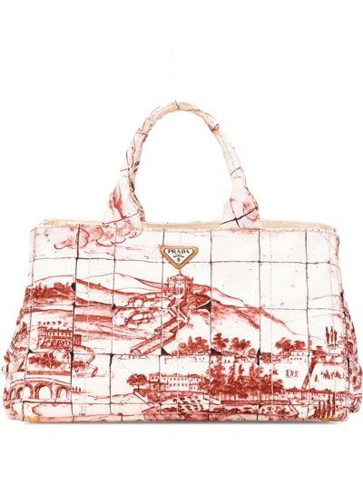 Pre-owned Prada 2013-2024 Large Canvas Canapa Azulejos Satchel In 红色