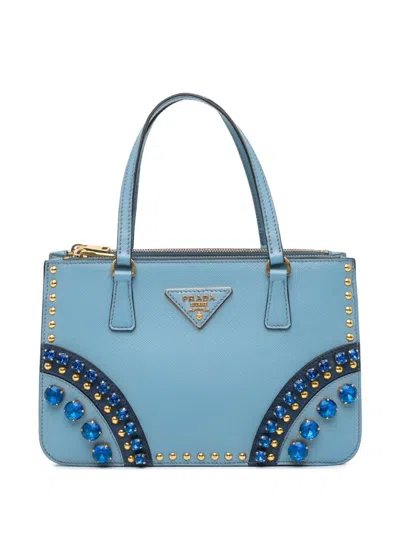 Pre-owned Prada 2013-2024 Mini Saffiano Lux Crystal Embellished Galleria Double Zip Handbag In Blue