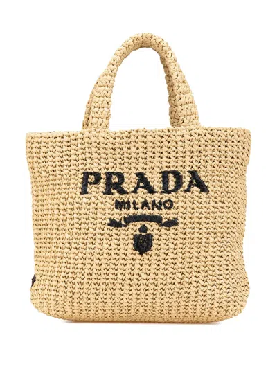 Pre-owned Prada 2013-2024 Raffia Effect Crochet Embroidered Logo Tote Bag In Brown
