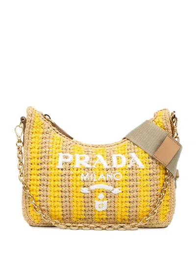 Pre-owned Prada 2013-2024 Raffia Effect Crochet Striped Re-edition 2005 Satchel In Brown