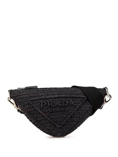Pre-owned Prada 2013-2024 Raffia Effect Crochet Triangle Crossbody Bag In Black