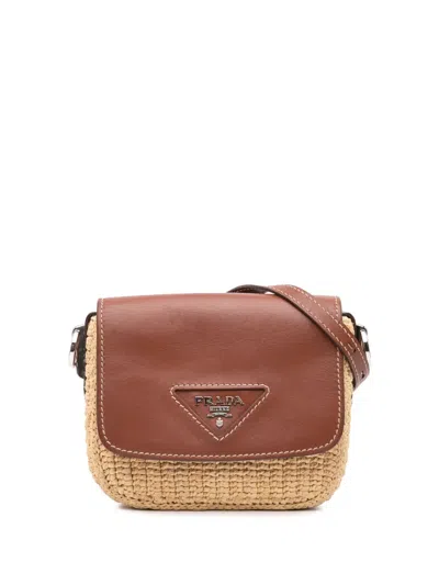 Pre-owned Prada 2013-2024 Raffia Vitello Flap Crossbody Bag In Brown