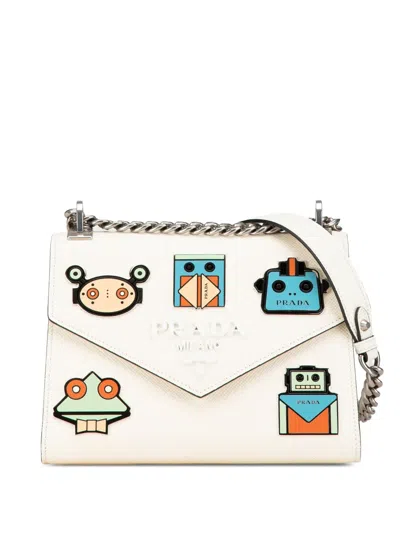 Pre-owned Prada 2013-2024 Saffiano Cuir Monochrome Robot Patches Envelope Chain Flap Crossbody Bag In White