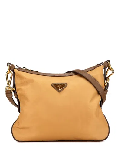 Pre-owned Prada 2013-2024 Saffiano Trimmed Tessuto Zip Top Crossbody Bag In Brown