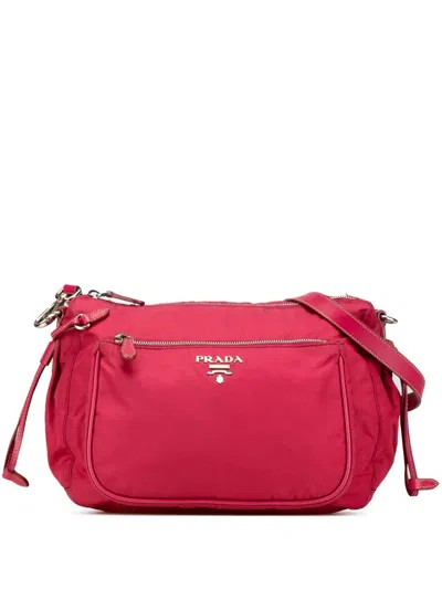 Pre-owned Prada 2013-2024 Saffiano Trimmed Tessuto Zip Top Crossbody Bag In Red