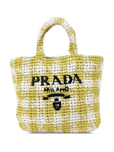 Pre-owned Prada 2013-2024 Small Raffia Effect Crochet Embroidered Logo Tote Bag In Yellow