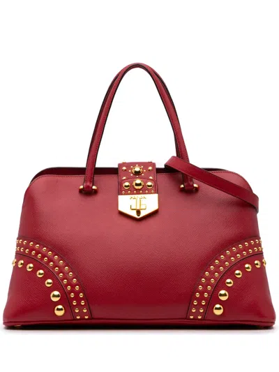 Pre-owned Prada 2013-2024 Studded Saffiano Cuir Promenade Satchel In Red