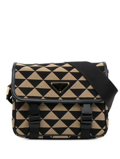 Pre-owned Prada 2013-2024 Symbole Double Buckle Messenger Crossbody Bag In Brown