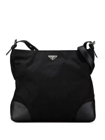 Pre-owned Prada 2013-2024 Vitello Daino Trimmed Tessuto Zip Top Crossbody Bag In Black