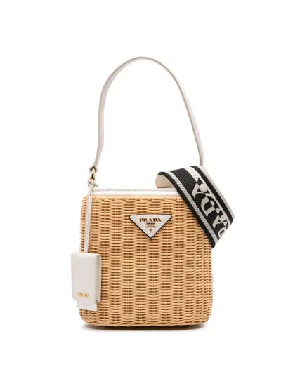 Pre-owned Prada 2013-2024 Wicker Canvas Panier Bucket Bag In Brown
